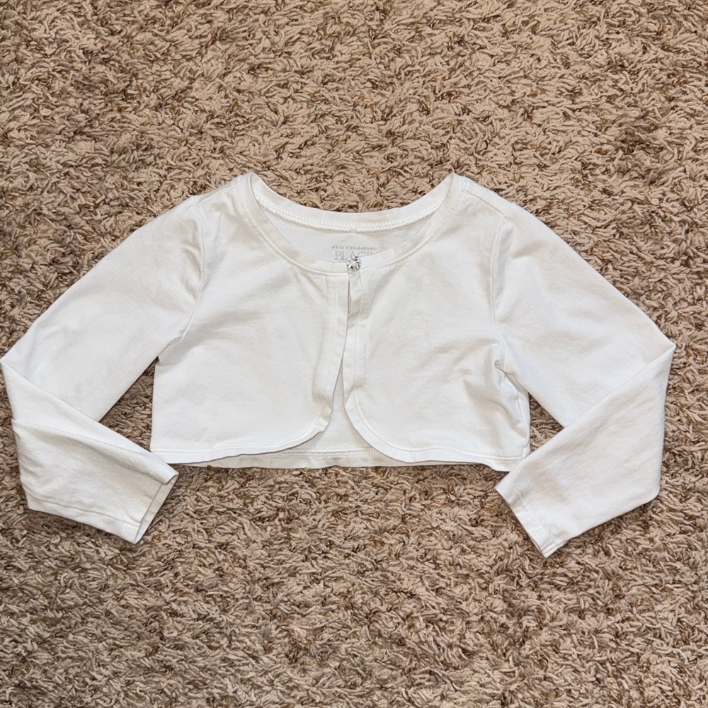 3t girls white shrug with embellished button at neck